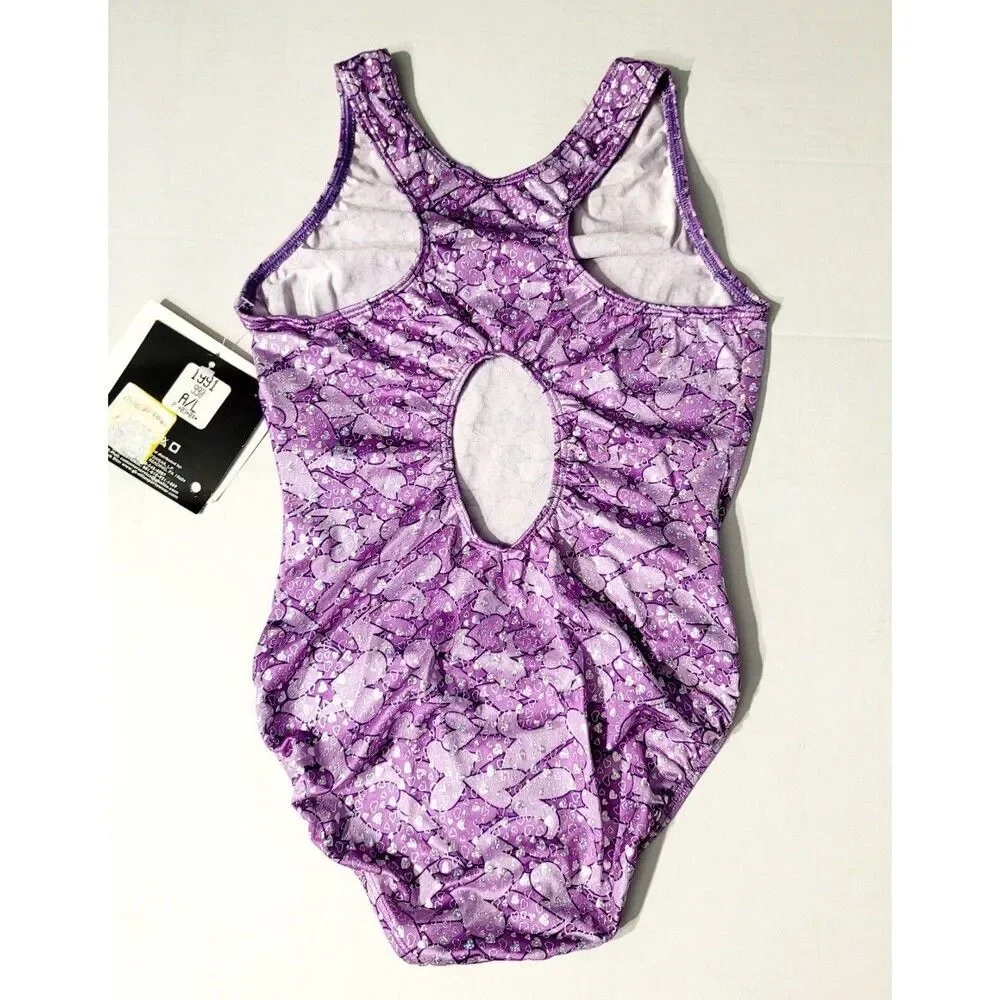 GK Elite Gymnastics Dance Racerback Keyhole Leotard Foil Hearts Purple Adult L